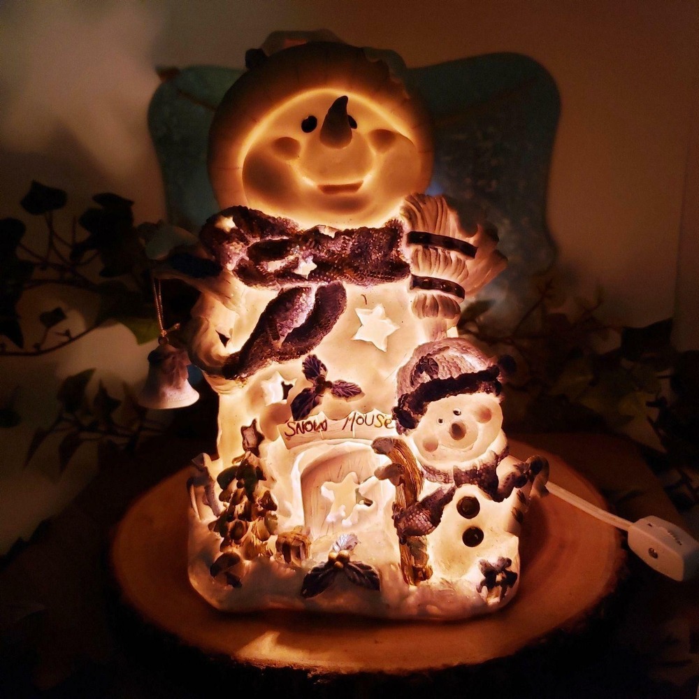 Lighted Snowman with little snow child and Snow House – Very Cute
